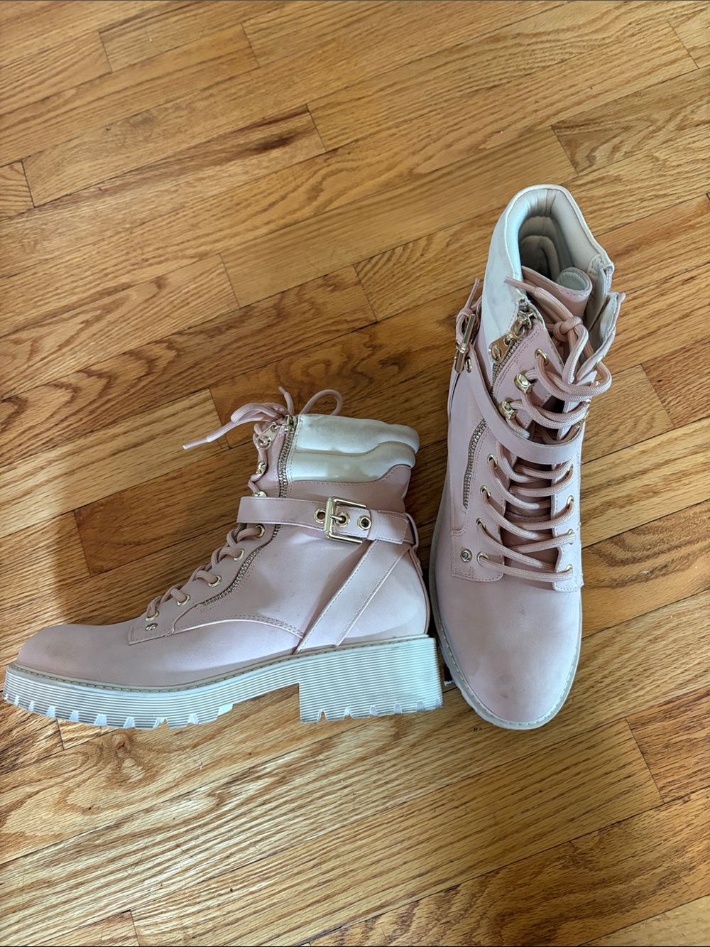 GBG Los Angeles Blush Pink Lace-Up Combat Boots with Gold Accents